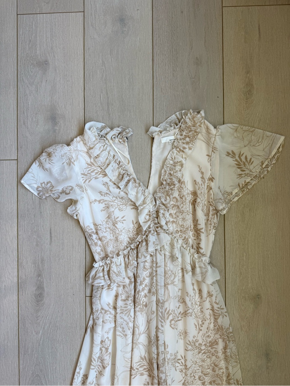 Floral Ruffle Wrap Midi Dress in Cream and Taupe